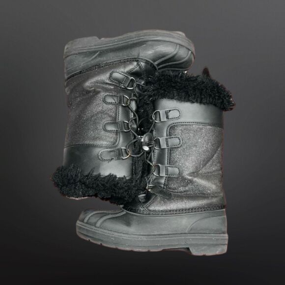 Cat & Jack Girls Constance Faux Fur Lace Up Winter Boots Black Glitter Size 2 - Picture 5 of 7